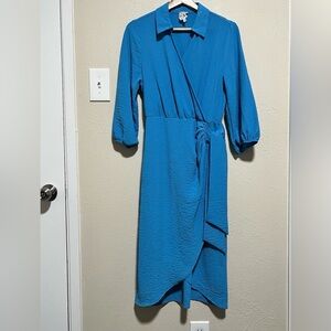 NAIF Teal 3/4  Sleeve Faux Wrap Dress Elastic Waist